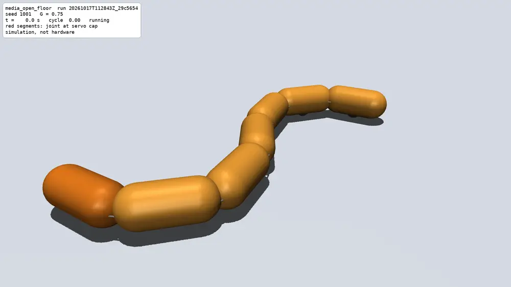The simulated snake robot, seven orange capsule segments on a grey floor