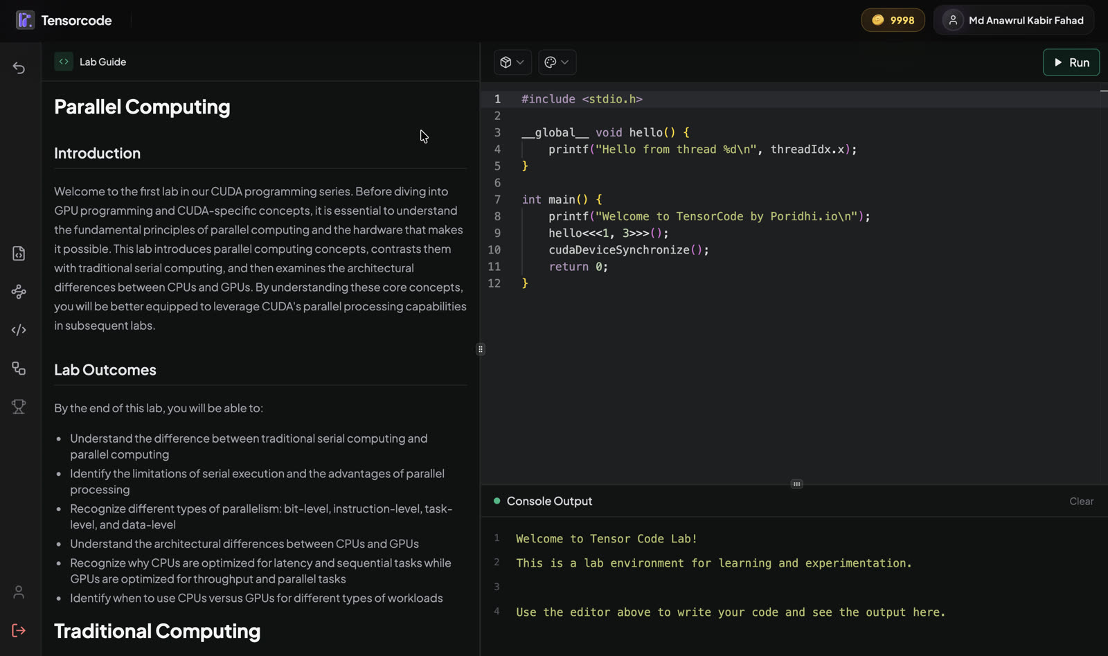 A TensorCode lab: the lesson on the left, a CUDA program and its console on the right