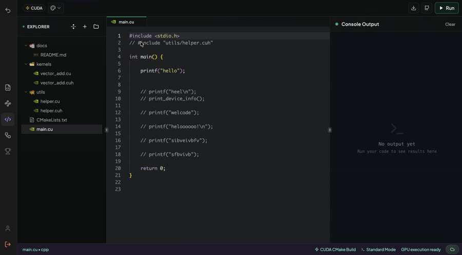 The IDE: a multi-file CUDA project, editor and console